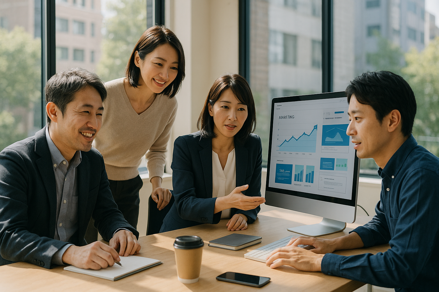 オフィスで協力して働くチーム