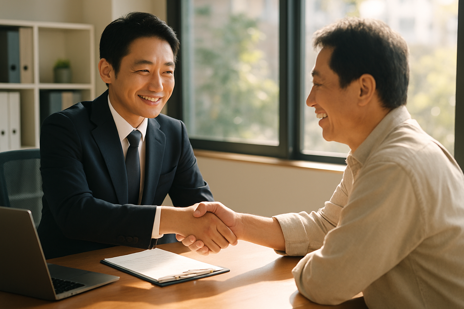 専門家とクライアントが握手しているイメージ